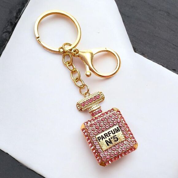 Pink Crystal Parfum No. 5 Perfume Bottle Gold Keychain - Picture 1 of 2